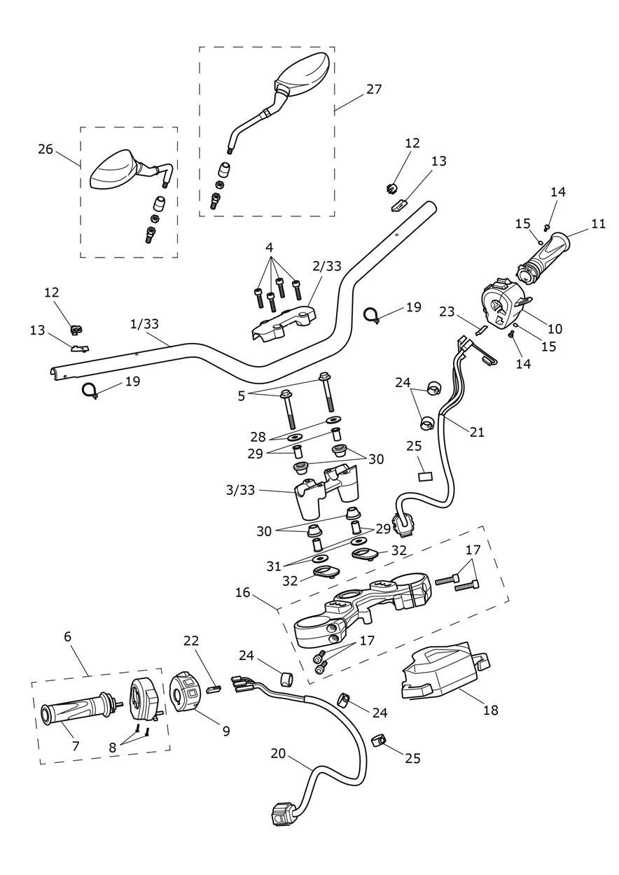 Handlebars, Top Yoke & Mirrors exploded diagram
