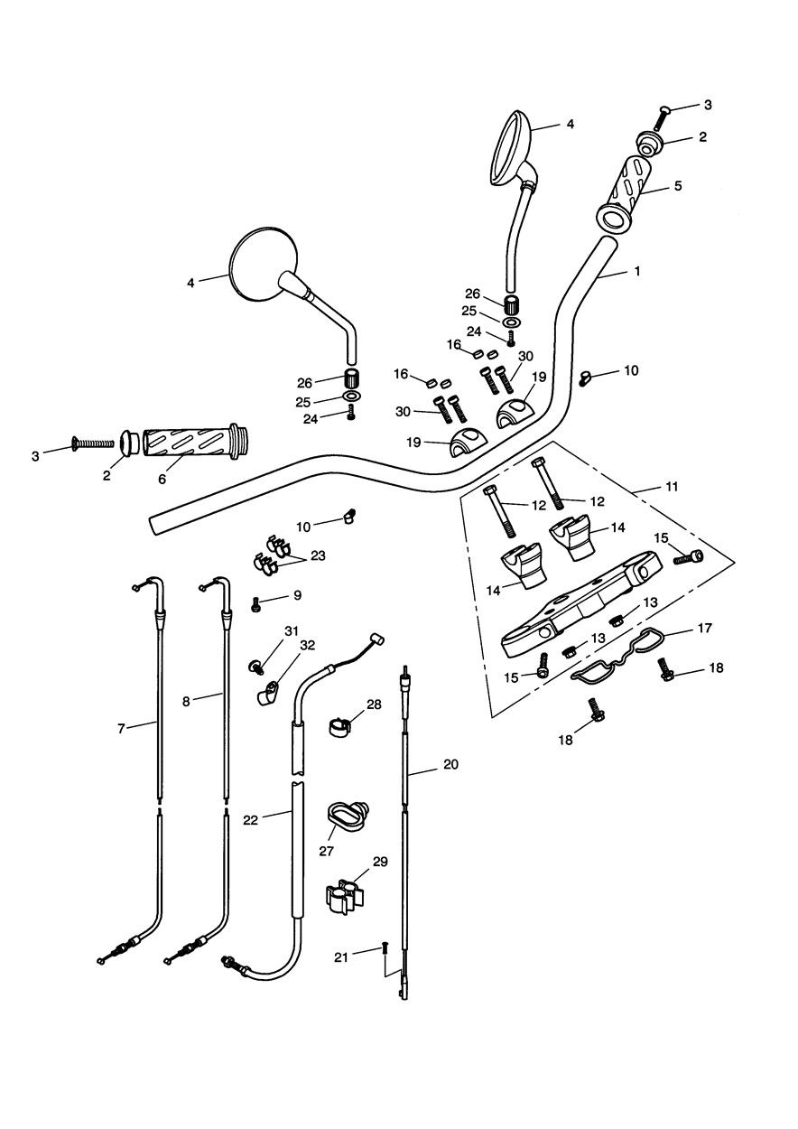 Handlebars, Top Yoke, Cables & Mirrors exploded diagram