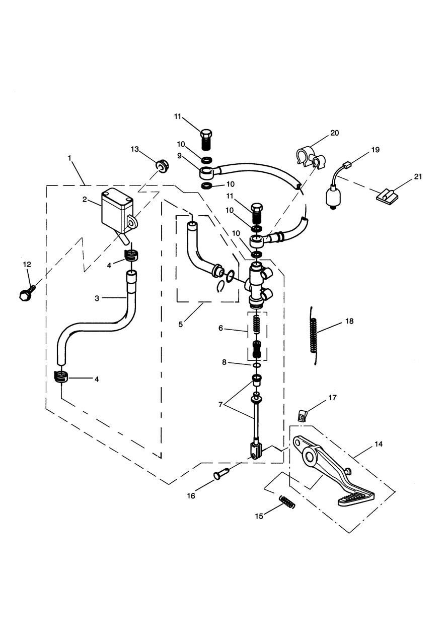 Rear Brake Master Cylinder, Reservoir & Pedal exploded diagram