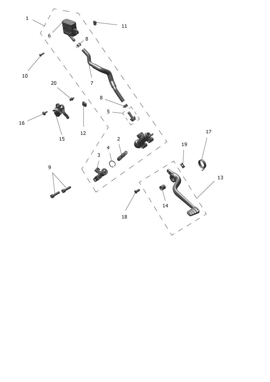 Rear Brake Master Cylinder, Reservoir & Pedal exploded diagram