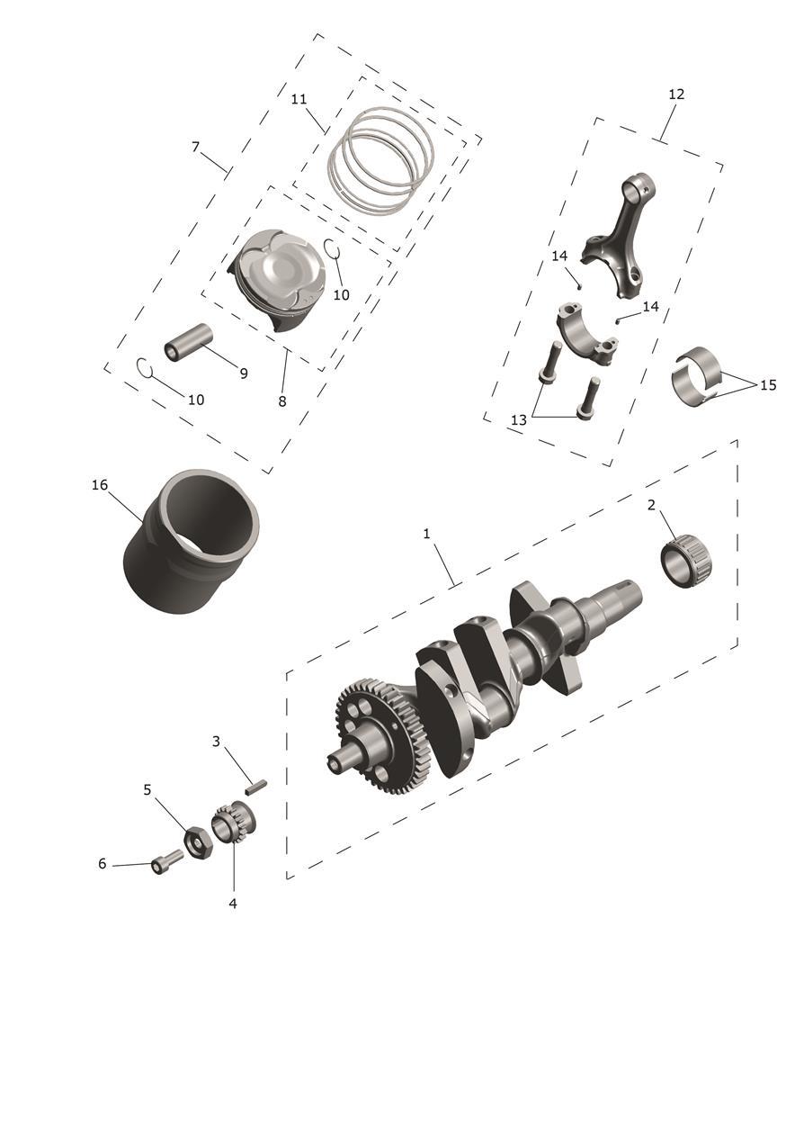 Crankshaft, Conrods & Pistons exploded diagram