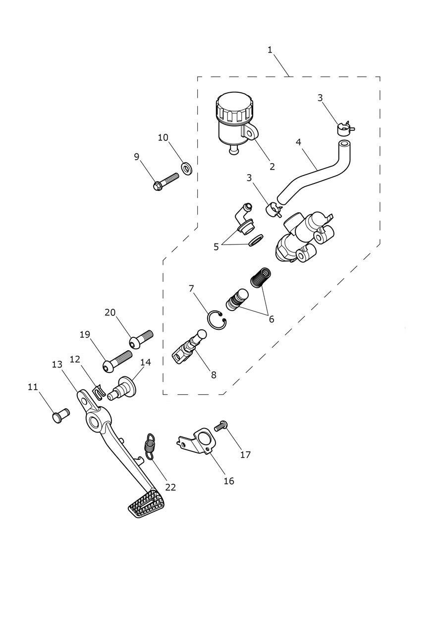 Rear Brake Master Cylinder, Reservoir & Pedal exploded diagram