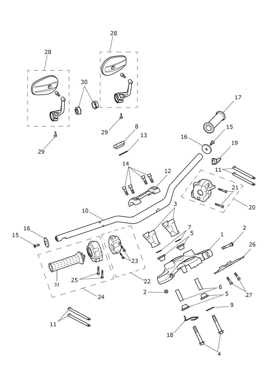 Handlebars, Top Yokes & Mirrors All Expt BR & 932929 BR Only exploded diagram