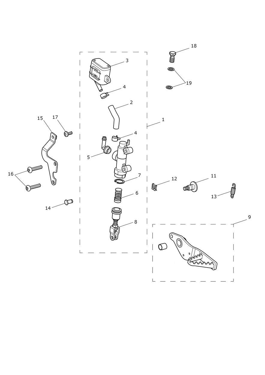 Rear Brake Master Cylinder, Reservoir & Pedal exploded diagram