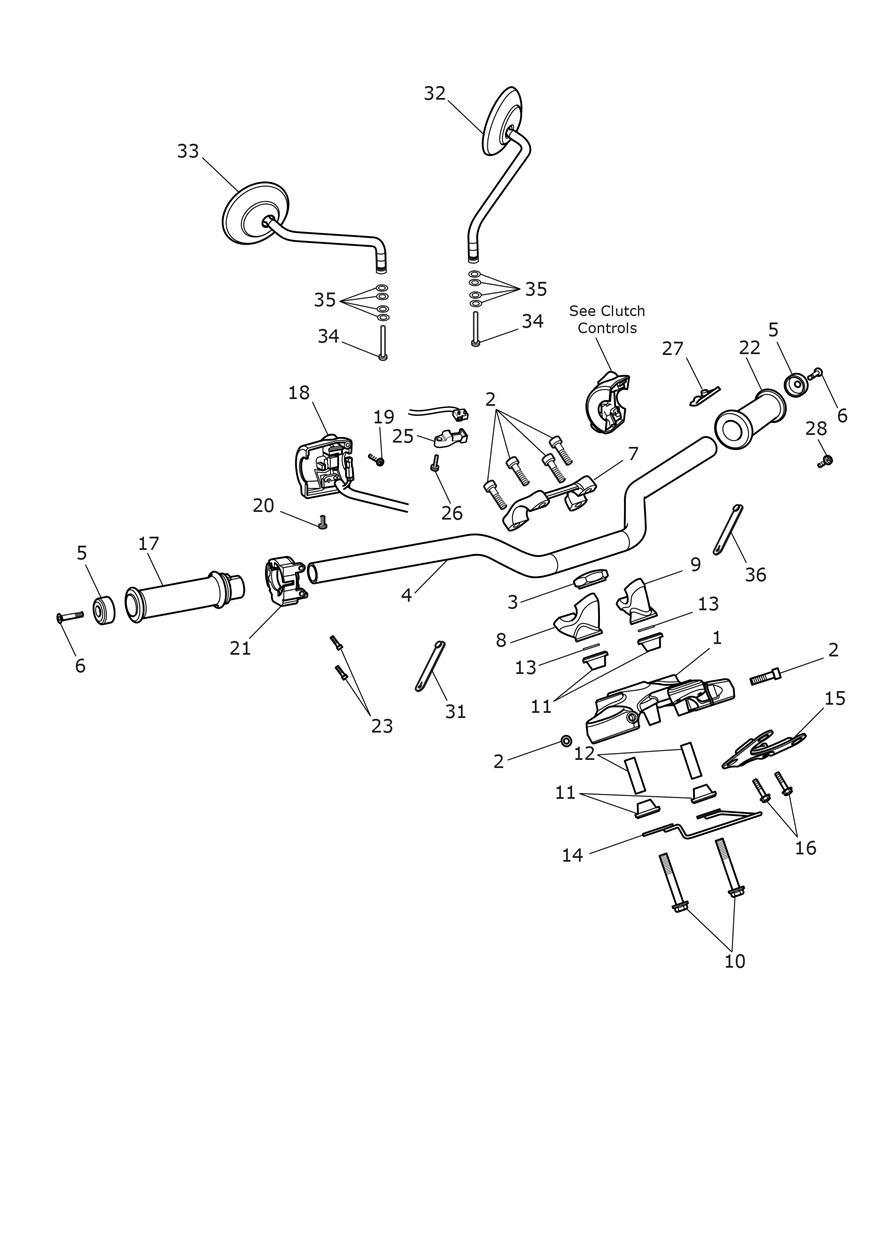 Handlebars, Top Yoke & Mirrors exploded diagram