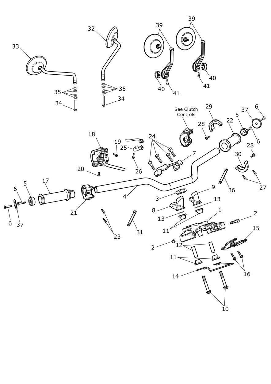 Handlebars, Top Yoke & Mirrors exploded diagram