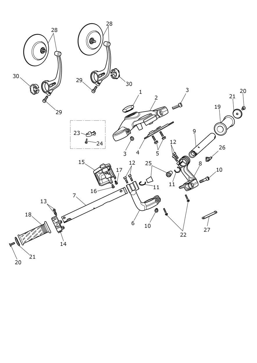 Handlebars, Top Yoke & Mirrors exploded diagram