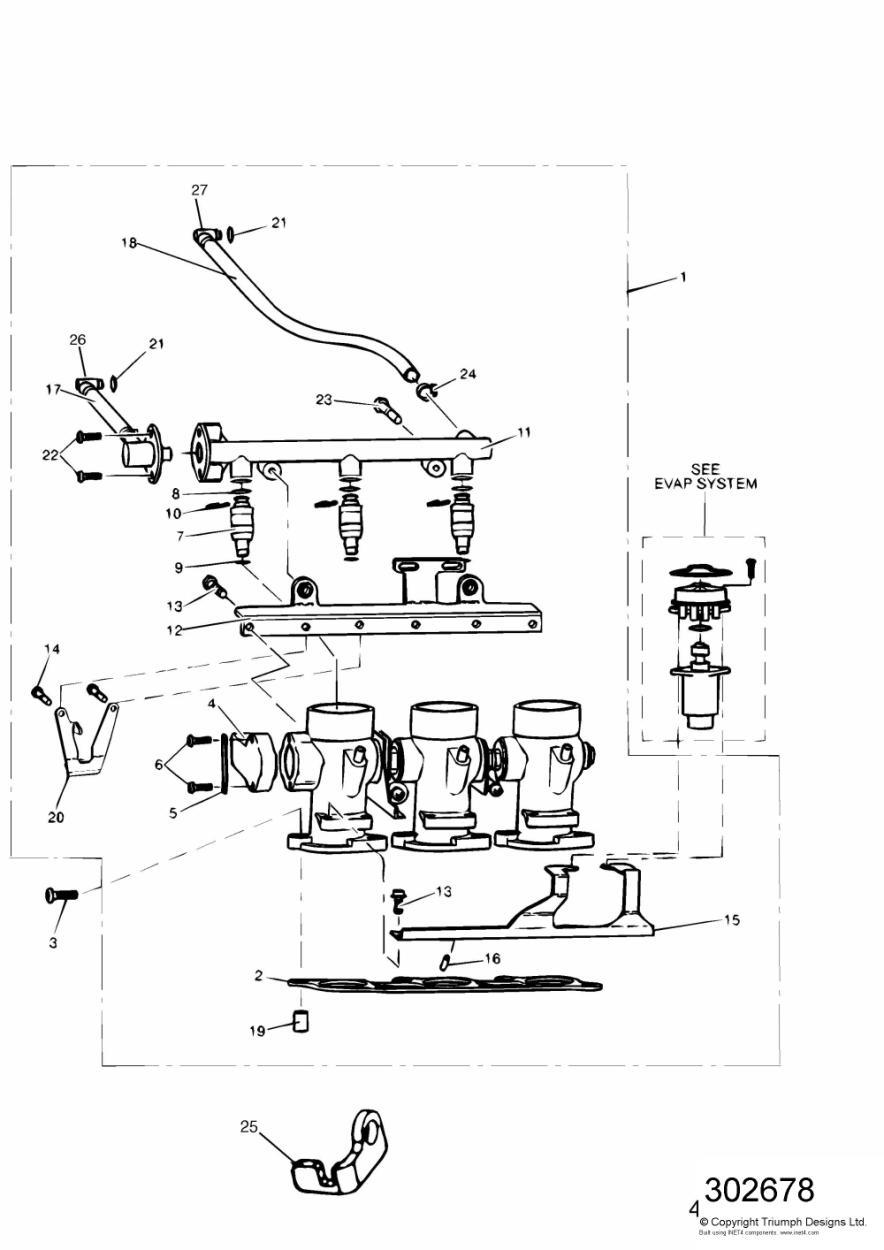 Throttles/Injectors and Fuel Rail 955cc Engine exploded diagram