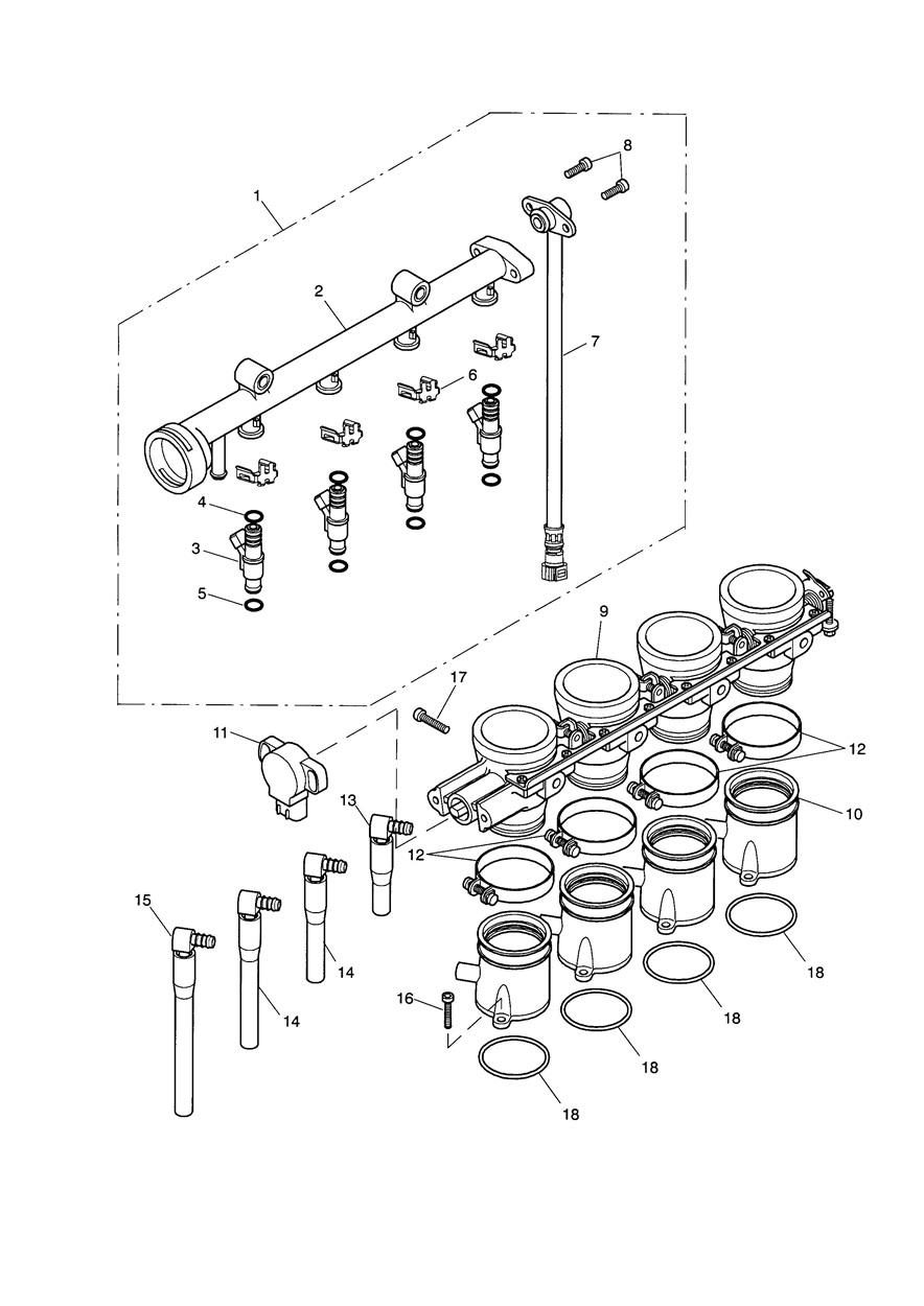 Throttles/Injectors and Fuel Rail exploded diagram