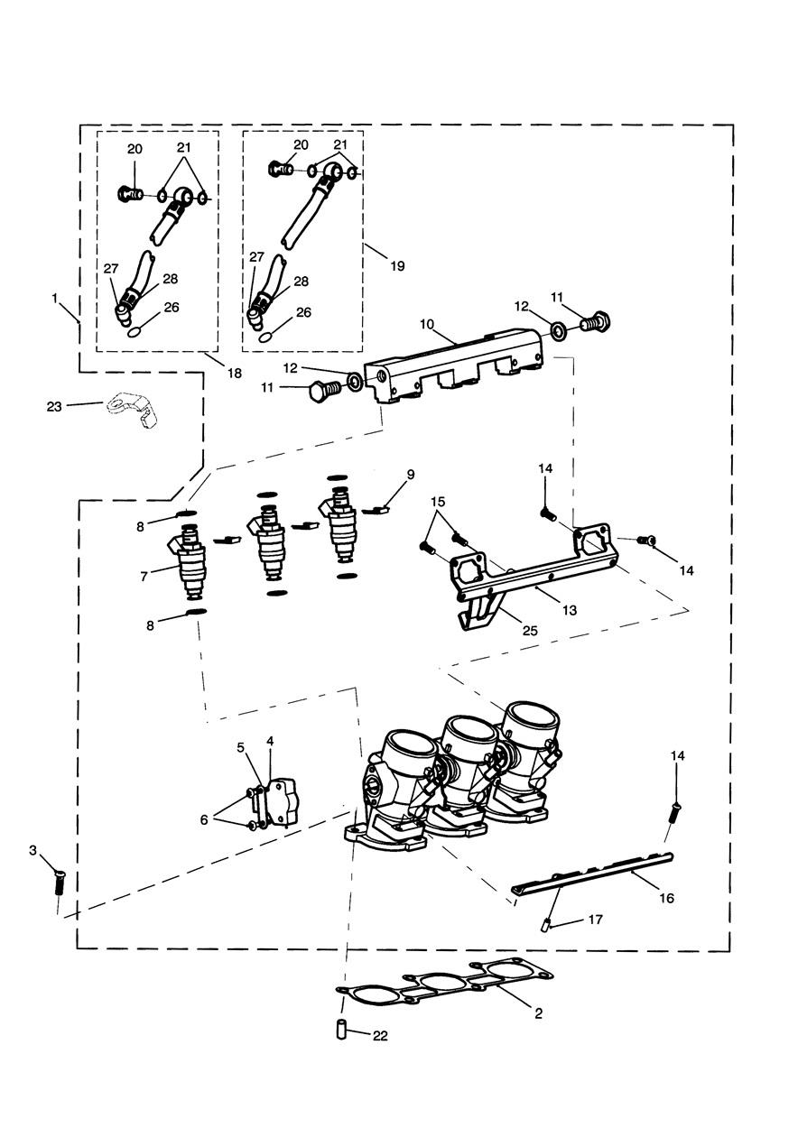 Throttles/Injectors and Fuel Rail 885cc Engine exploded diagram
