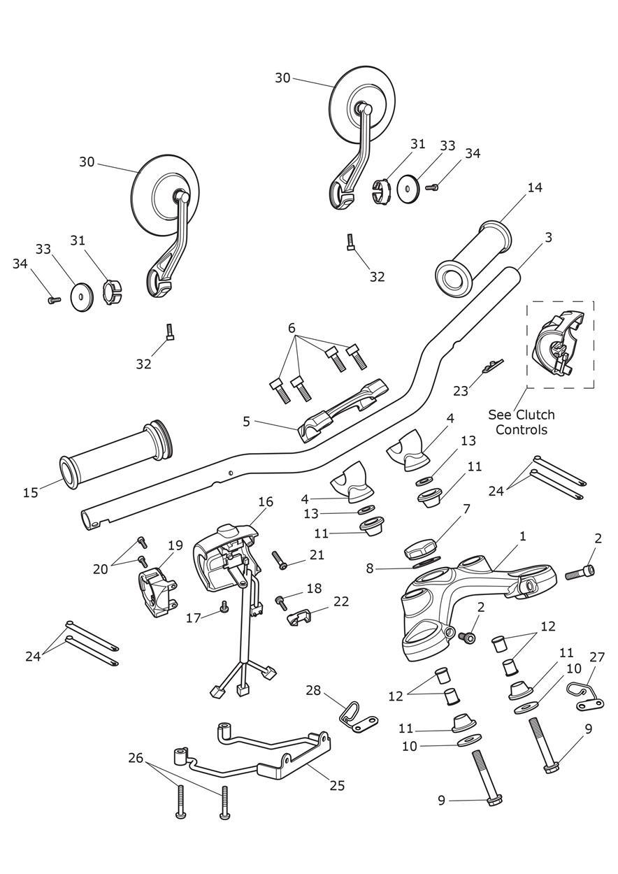 Handlebars, Top Yoke & Mirrors exploded diagram