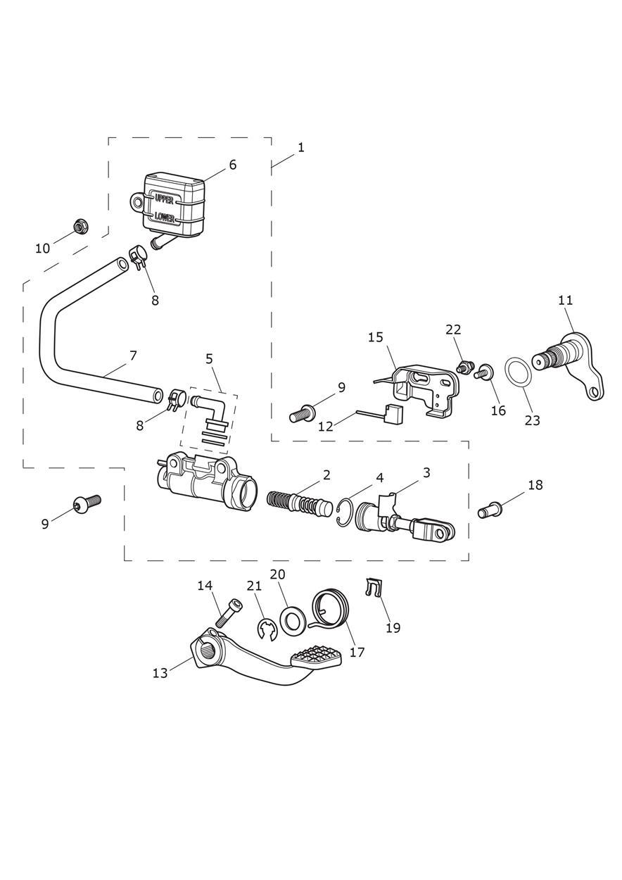 Rear Brake Master Cylinder, Reservoir & Pedal exploded diagram