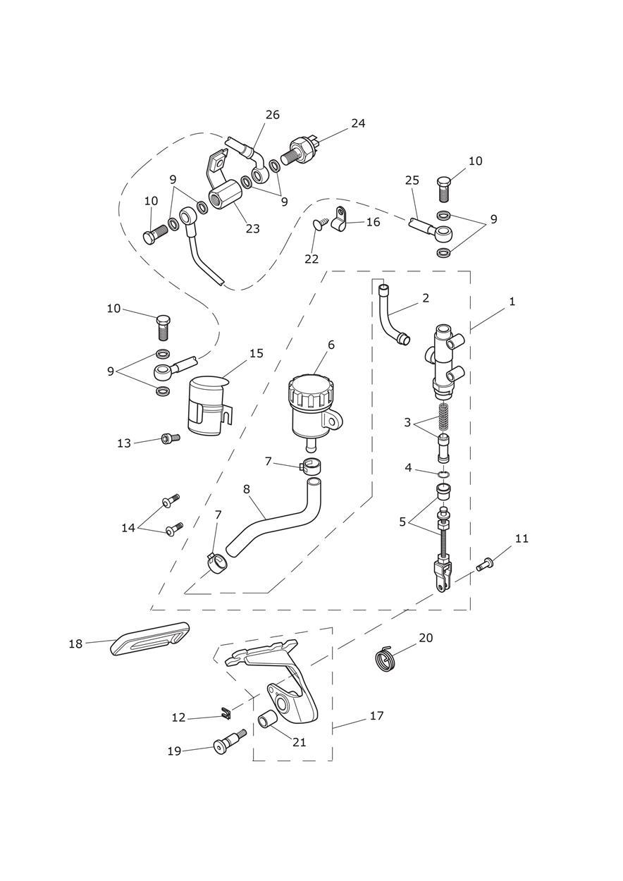Rear Brake Master Cylinder, Reservoir & Pedal (Incl 611105) exploded diagram