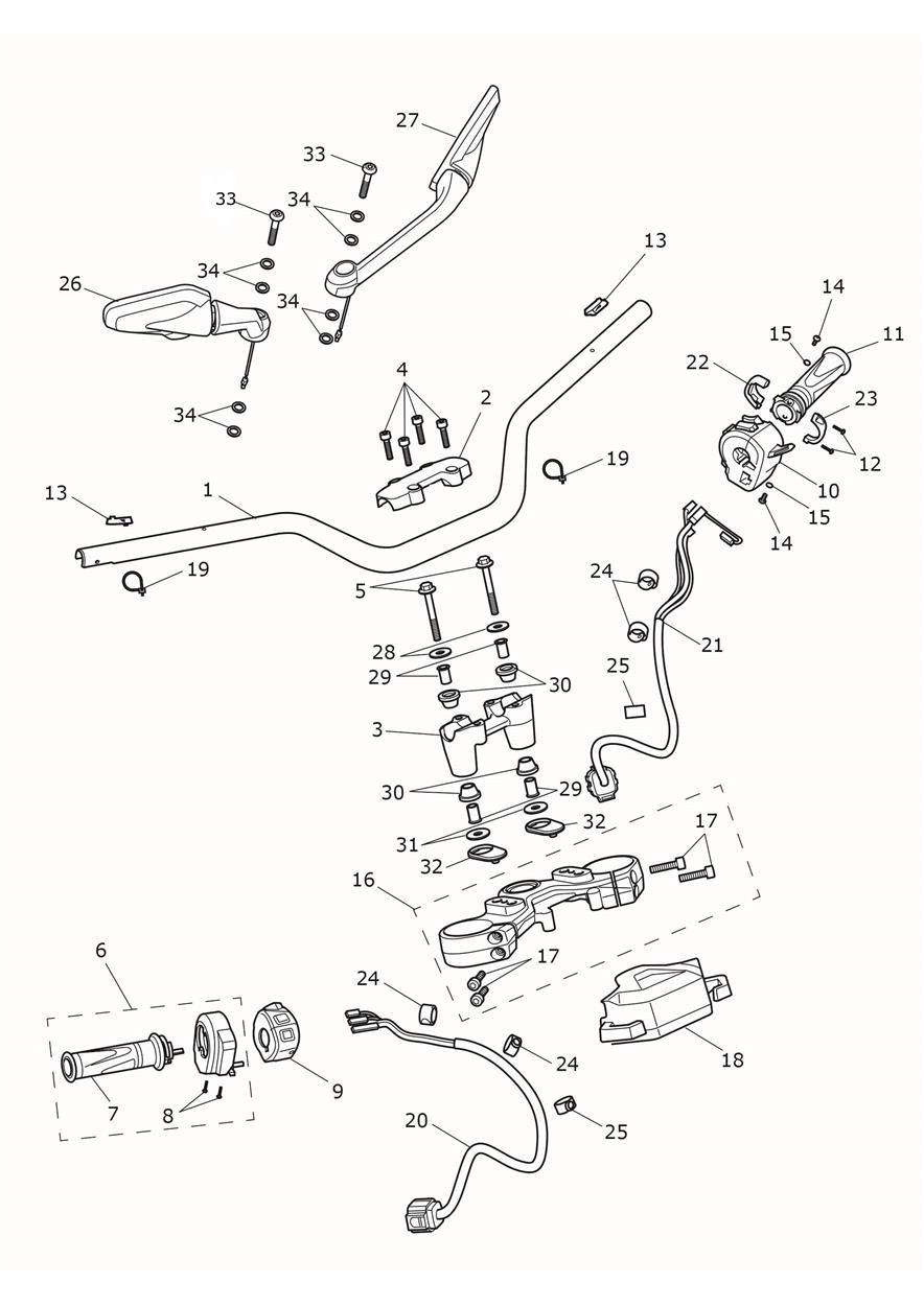 Handlebars, Top Yoke & Mirrors exploded diagram