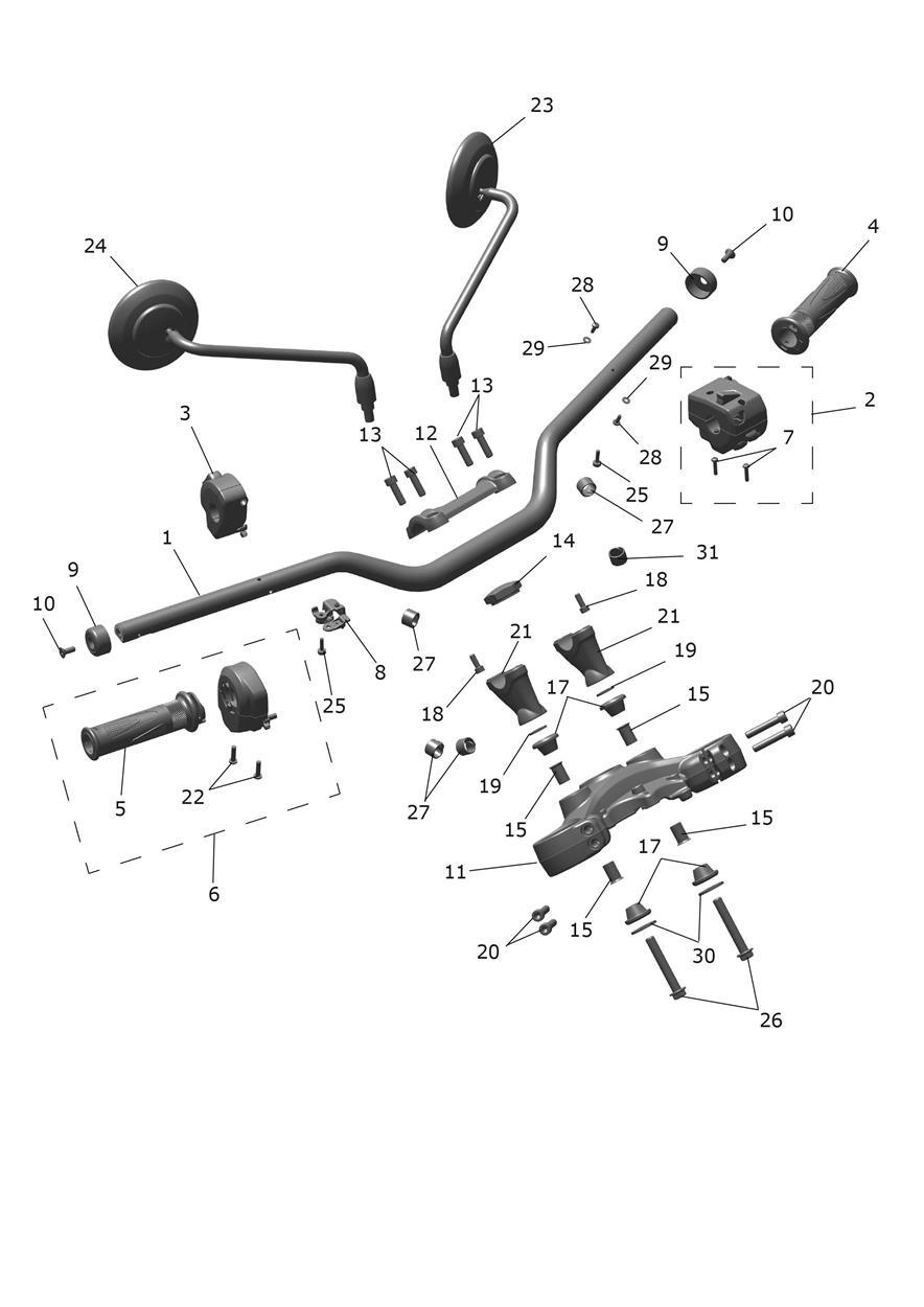 Handlebars, Top Yoke & Mirrors exploded diagram