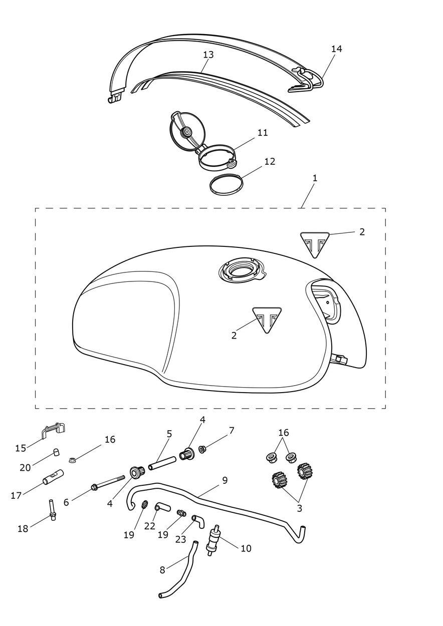 Fuel Tank- Storm Grey, Competition Green & Jet Black/Silver Ice Tanks exploded diagram