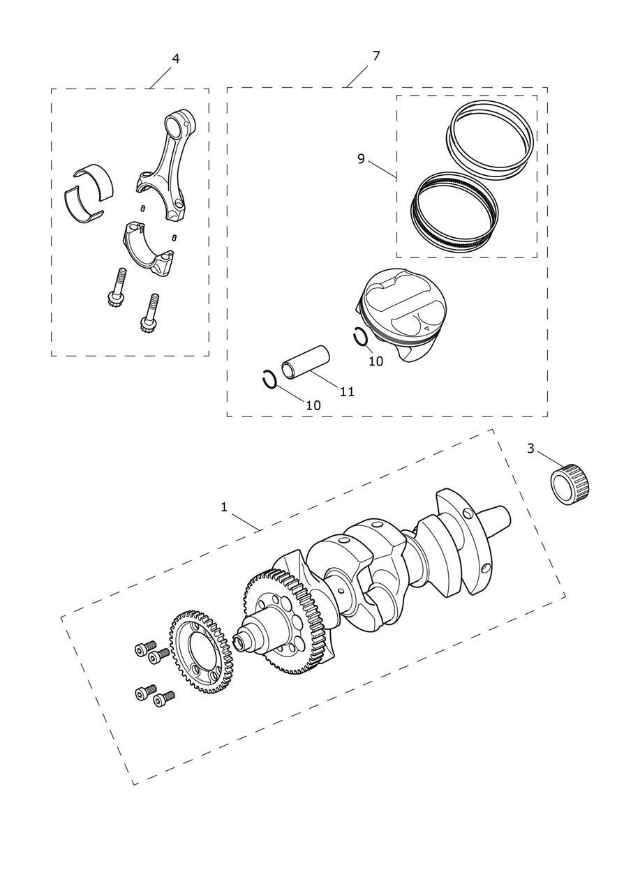 Crankshaft, Conrods and Pistons exploded diagram