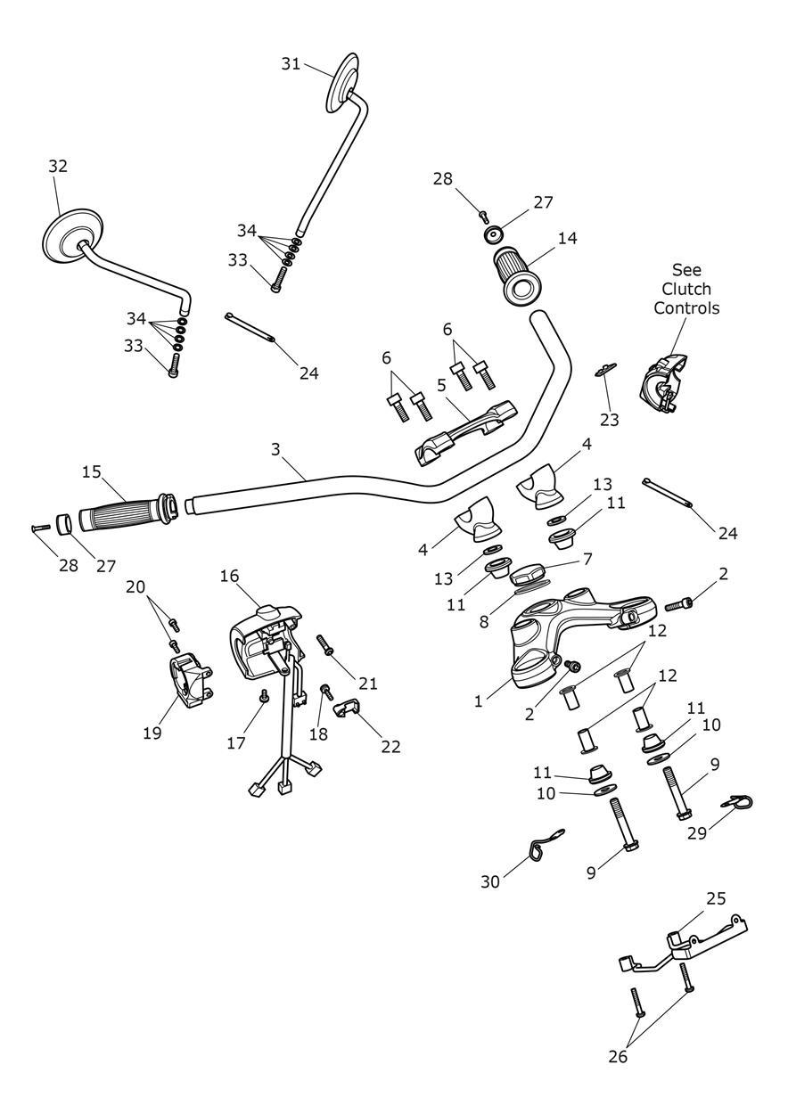 Handlebars, Top Yoke & Mirrors exploded diagram