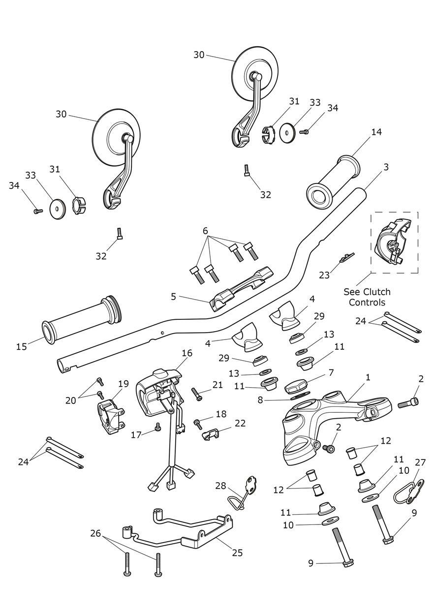Handlebars, Top Yoke & Mirrors exploded diagram