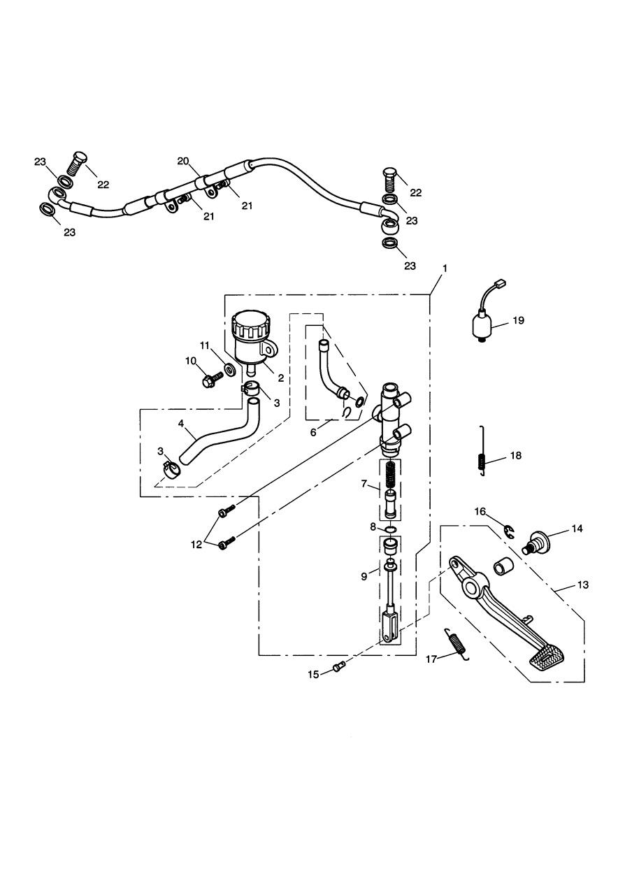 Rear Brake Master Cylinder, Reservoir & Pedal exploded diagram