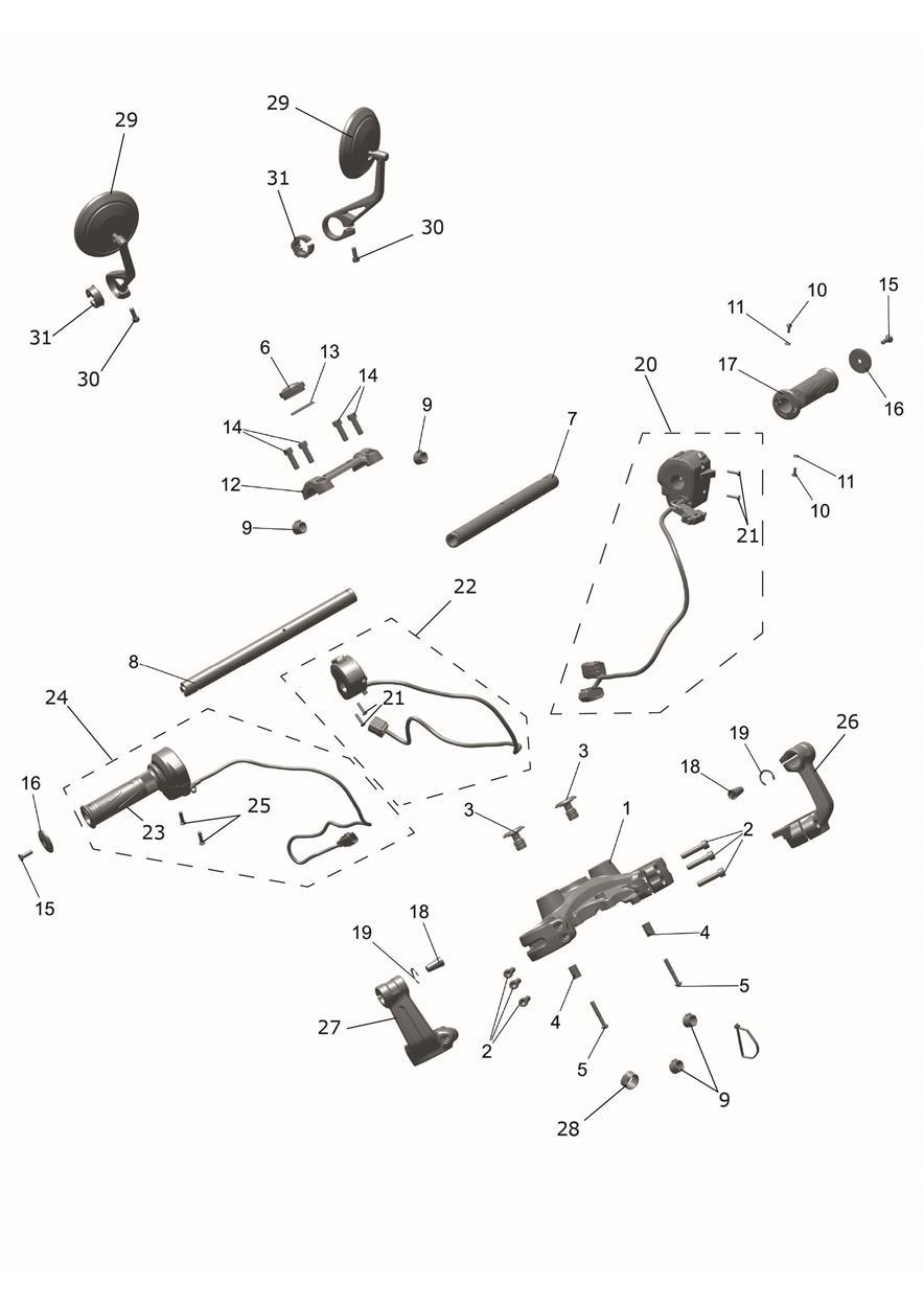Handlebars, Top Yokes & Mirrors exploded diagram