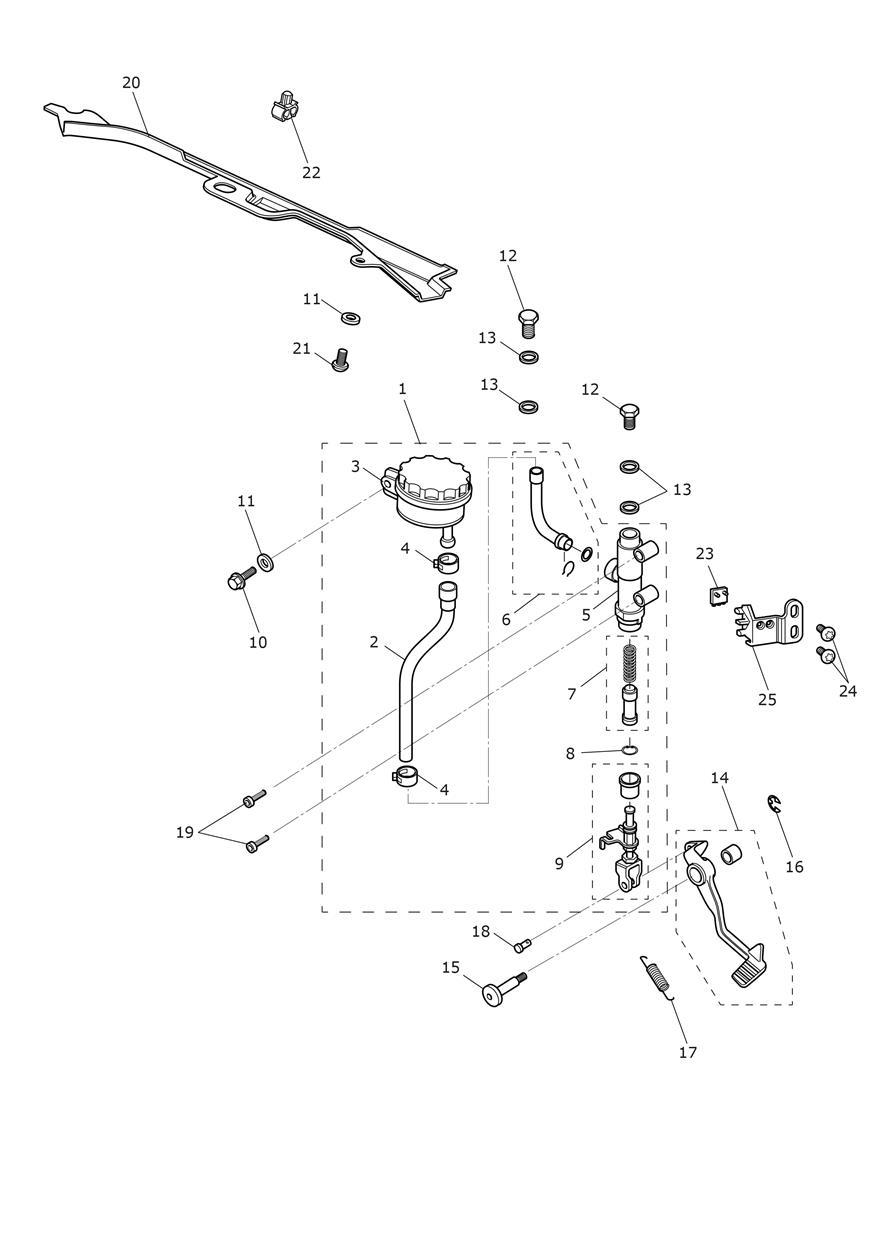 Rear Brake Master Cylinder, Reservoir & Pedal exploded diagram