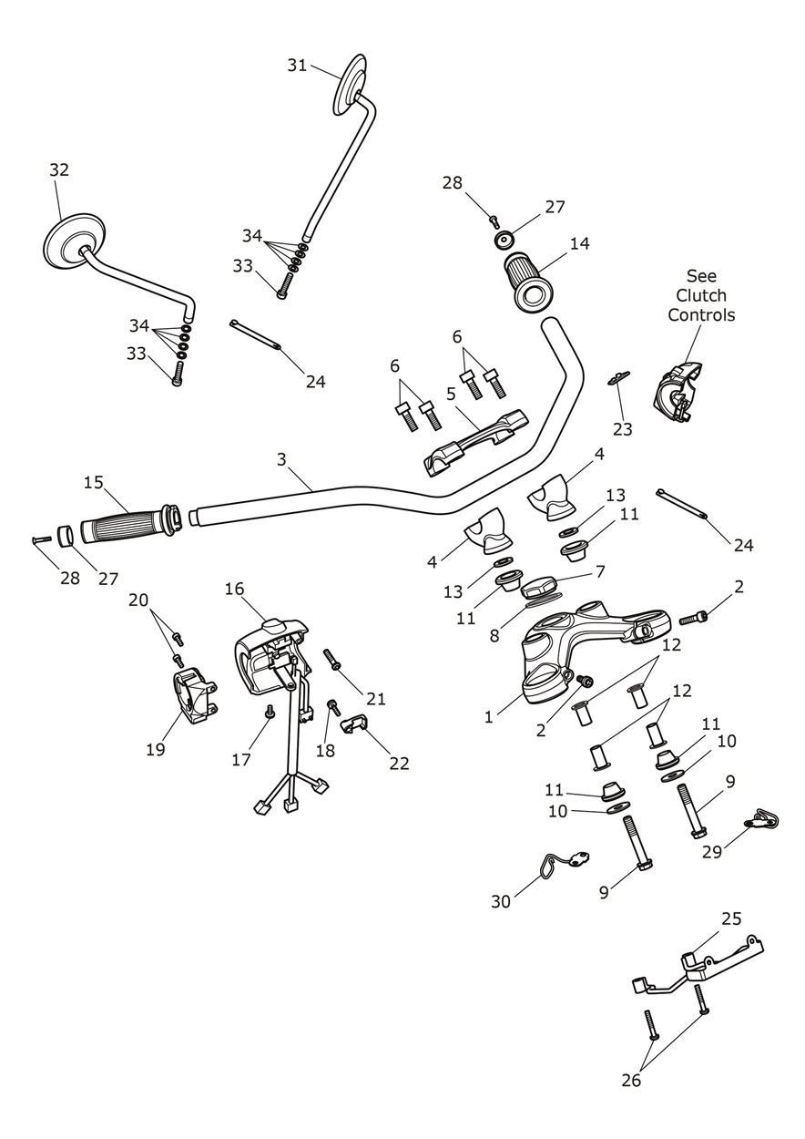 Handlebars, Top Yoke & Mirrors exploded diagram