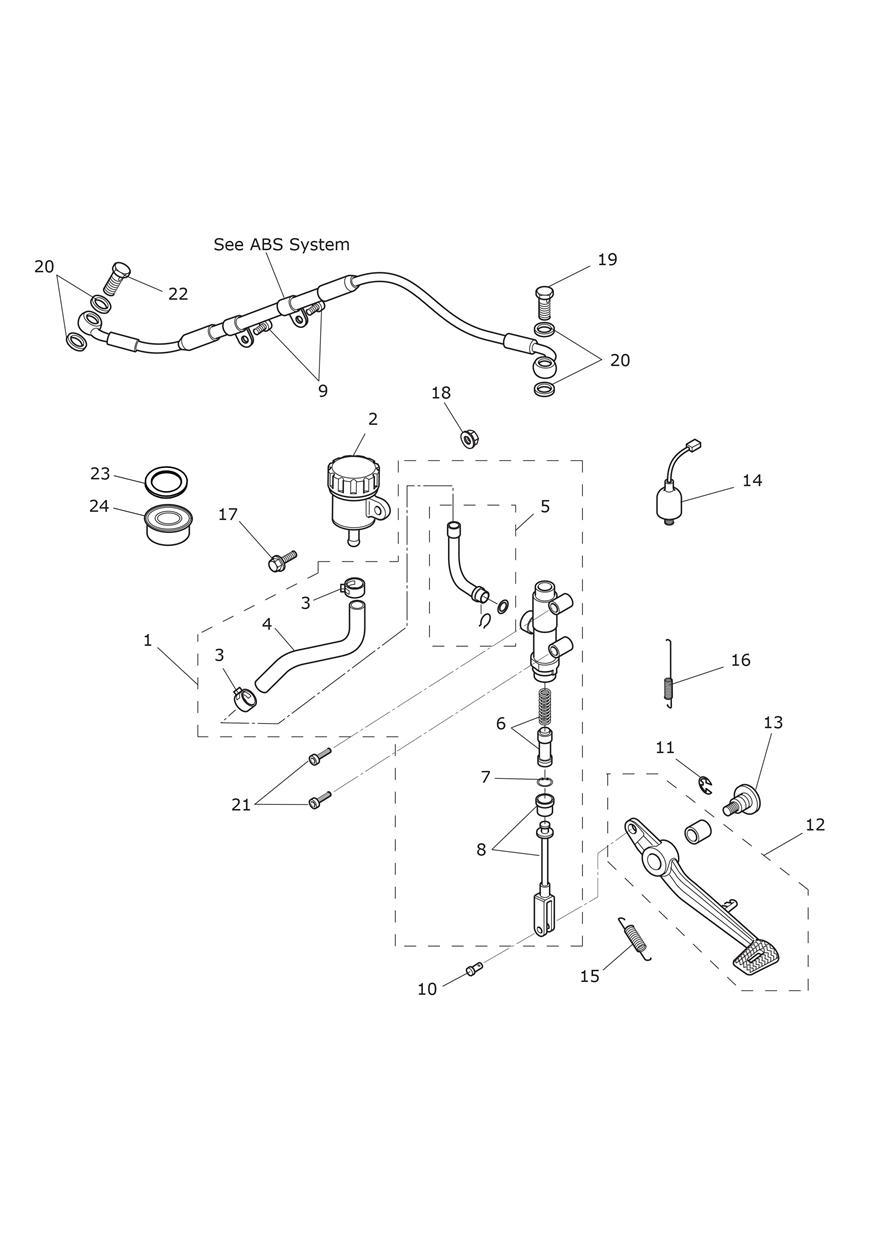 Rear Brake Master Cylinder, Reservoir & Pedal exploded diagram
