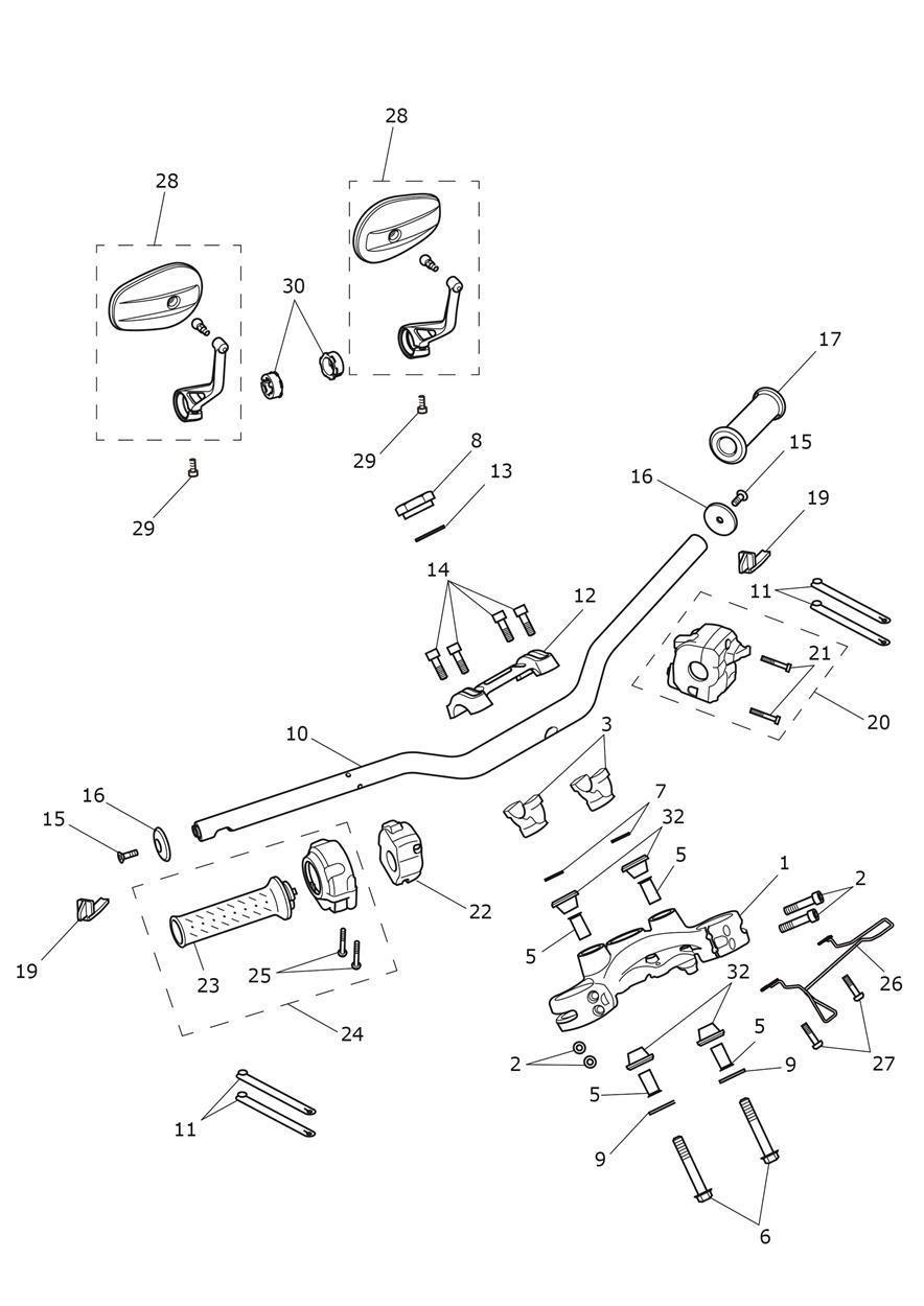 Handlebars, Top Yokes & Mirrors exploded diagram