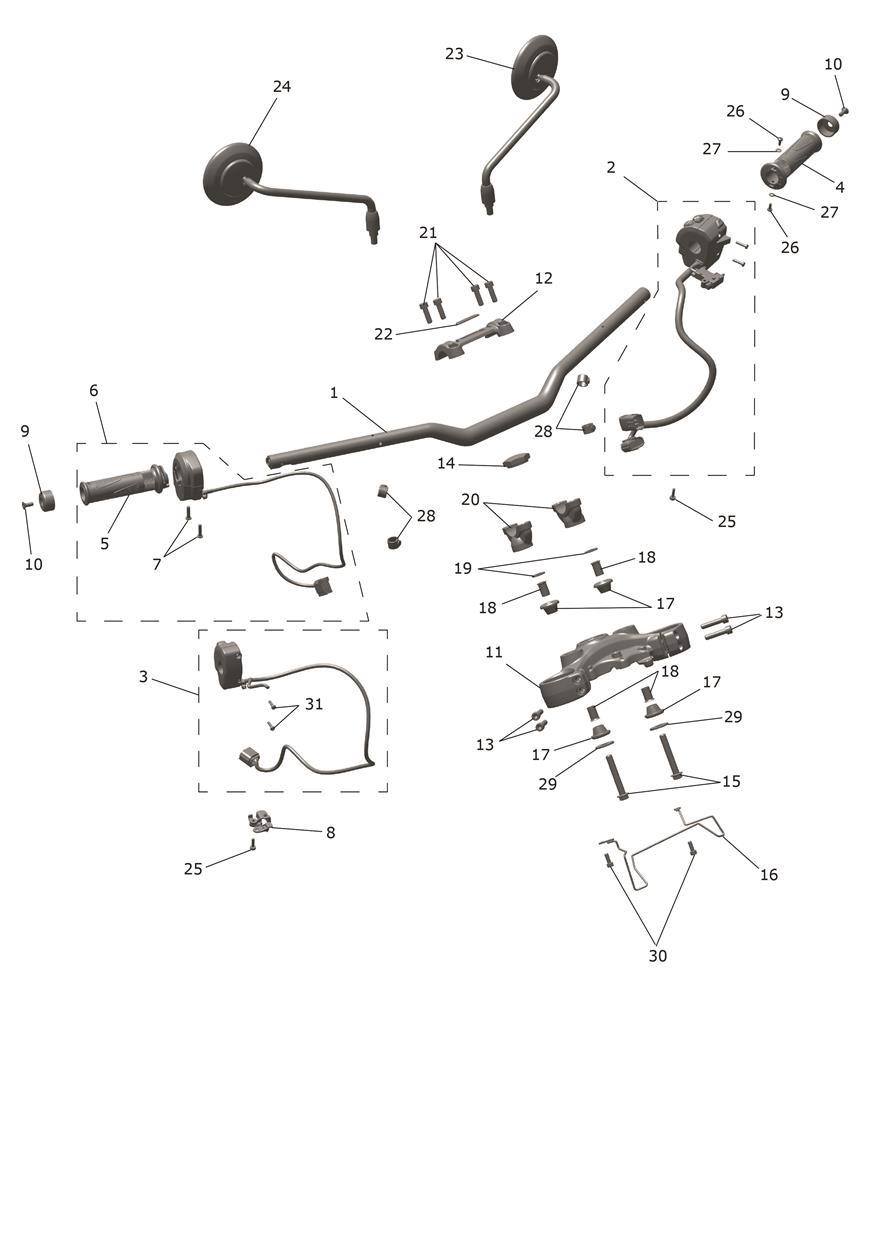 Handlebars, Top Yoke & Mirrors exploded diagram