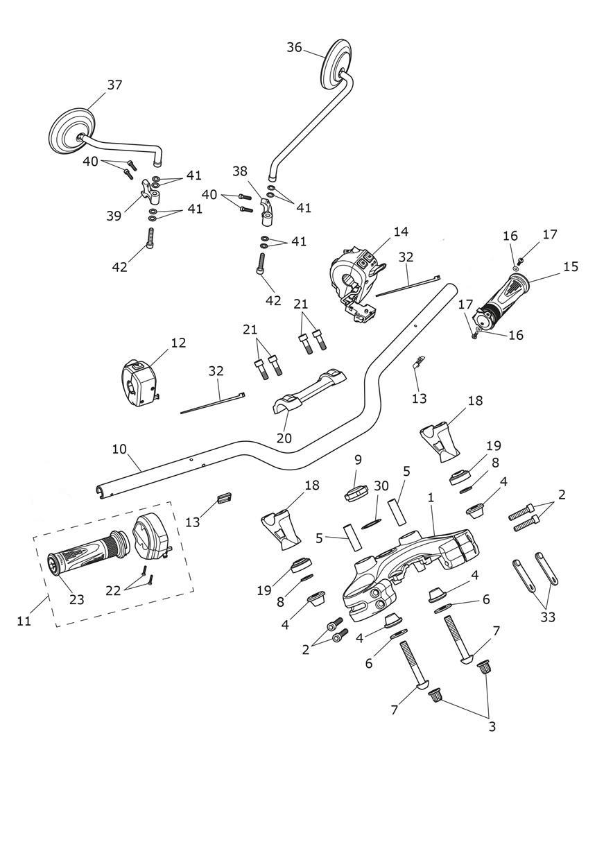 Handlebars, Top Yoke & Mirrors exploded diagram
