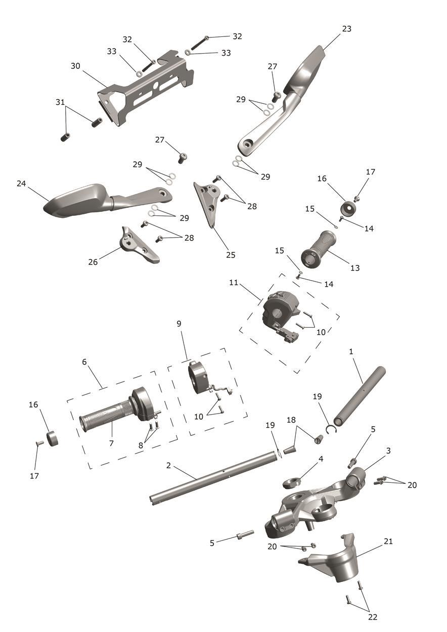 Handlebars, Top Yoke & Mirrors exploded diagram