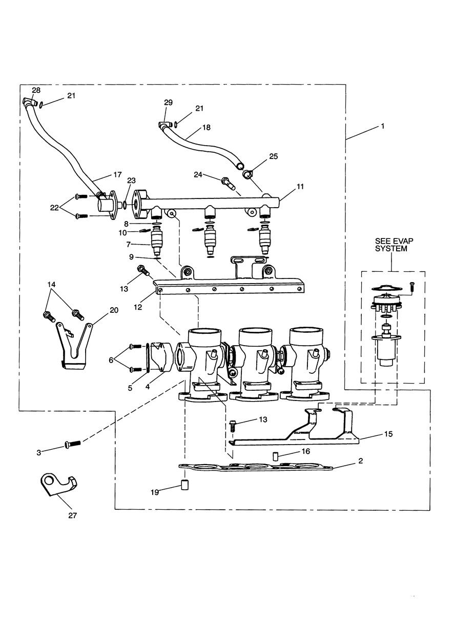 Throttles/Injectors and Fuel Rail exploded diagram