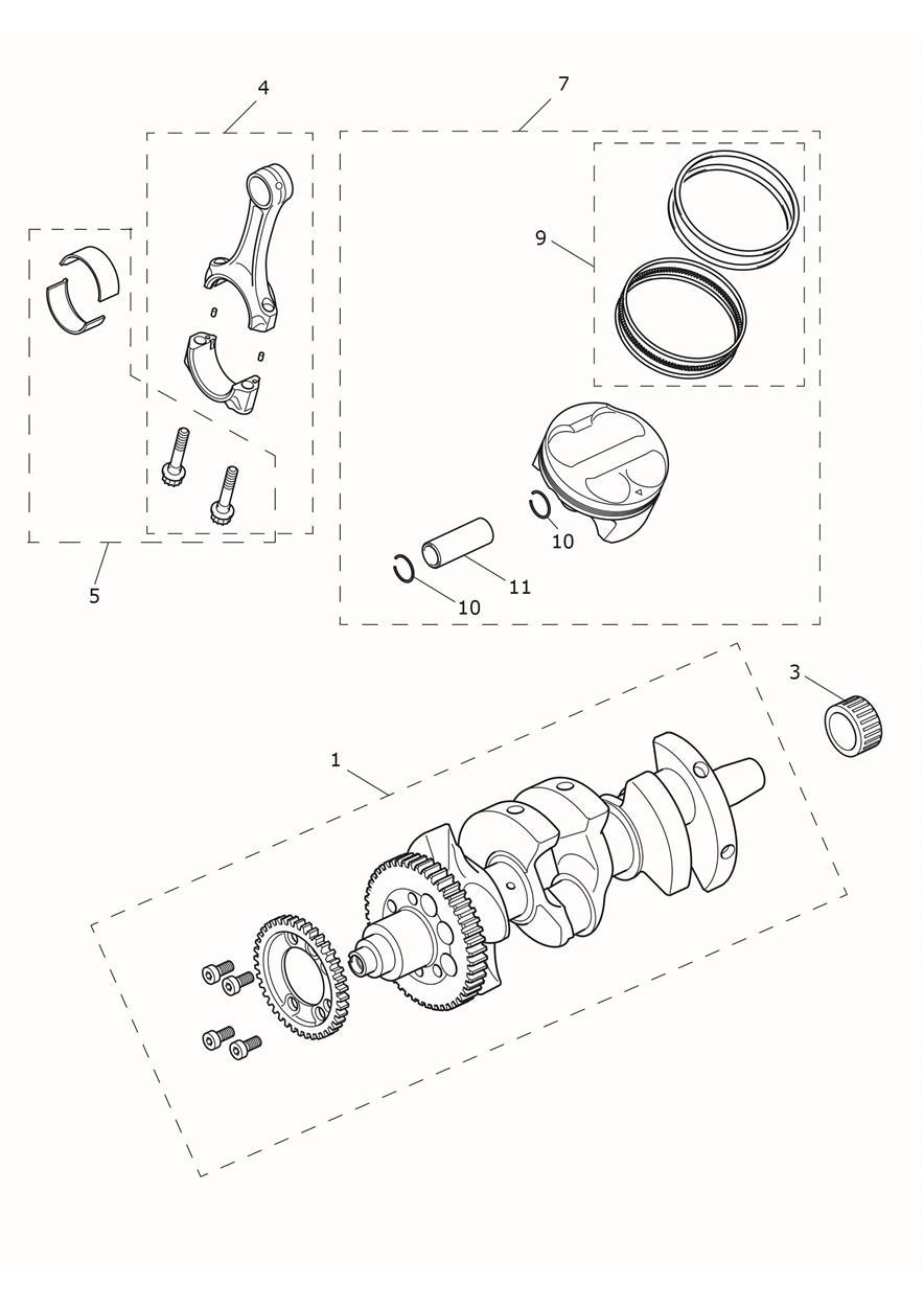 Crankshaft, Conrods and Pistons exploded diagram