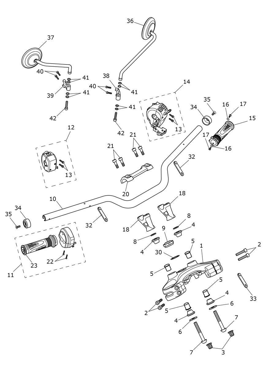 Handlebars, Top Yoke & Mirrors exploded diagram