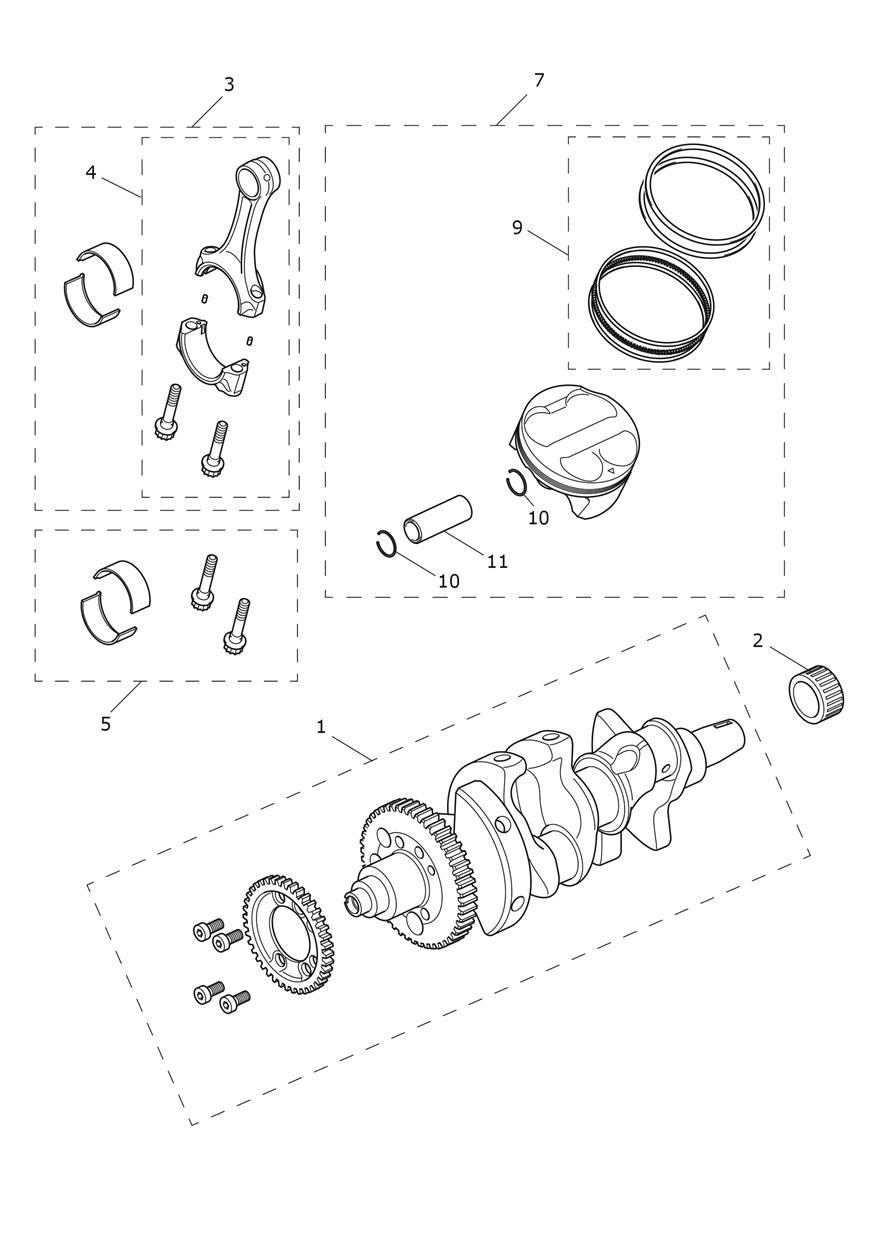 Crankshaft, Conrods and Pistons exploded diagram