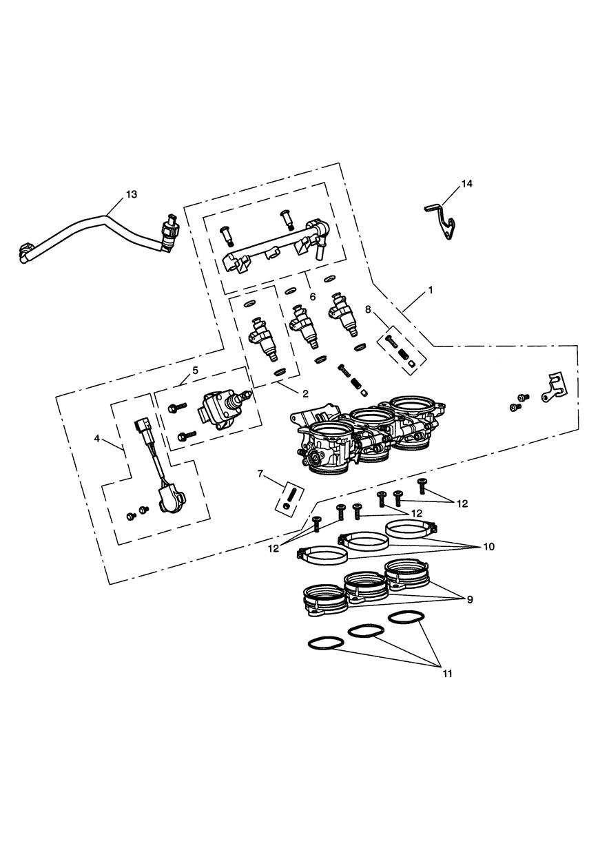 Throttles, Injectors and Fuel Rail exploded diagram