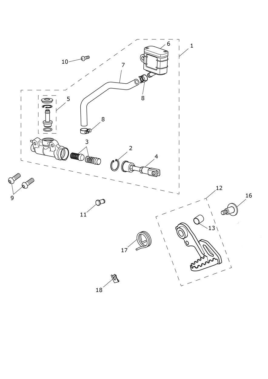 Rear Brake Master Cylinder, Reservoir & Pedal exploded diagram