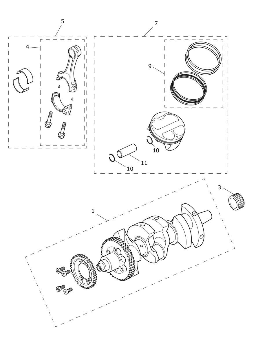 Crankshaft, Conrods and Pistons exploded diagram