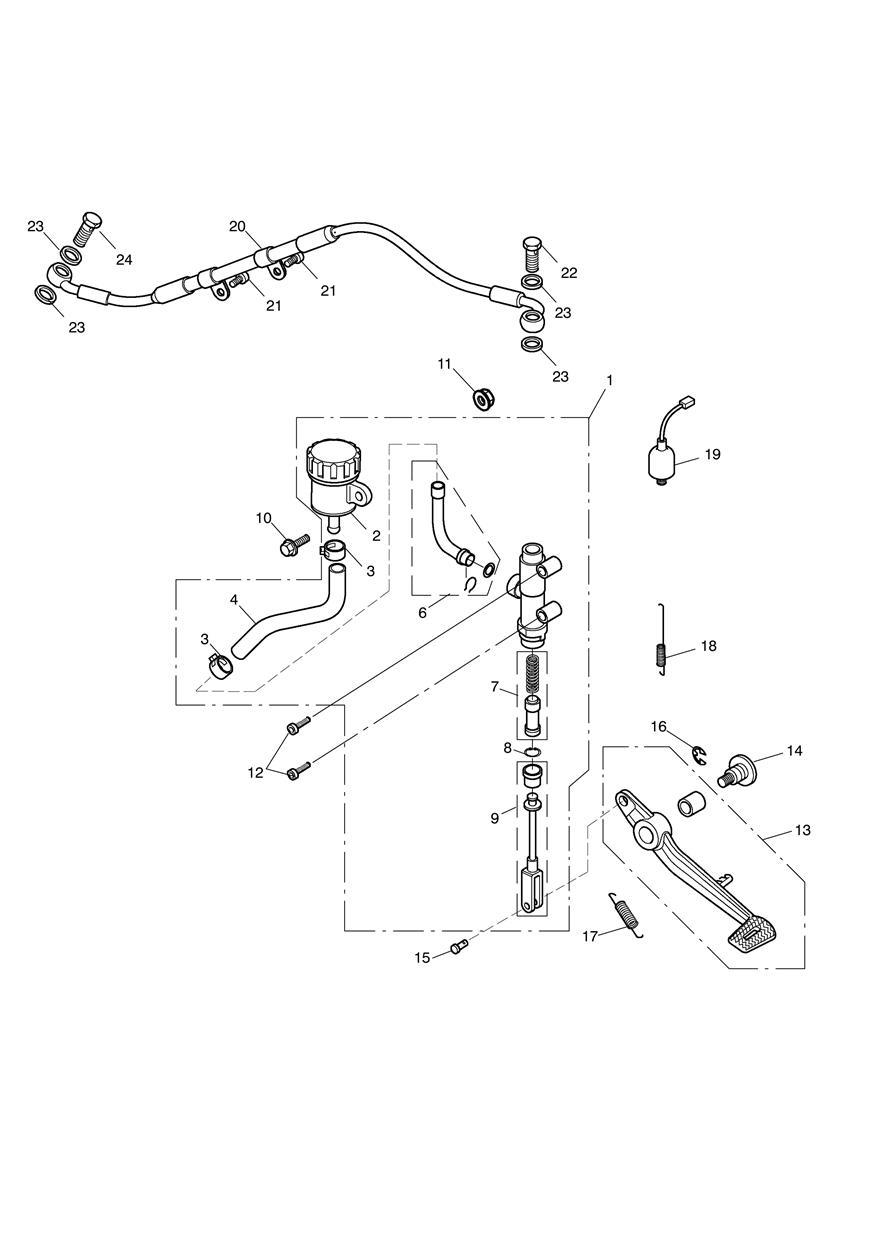 Rear Brake Master Cylinder, Reservoir & Pedal exploded diagram