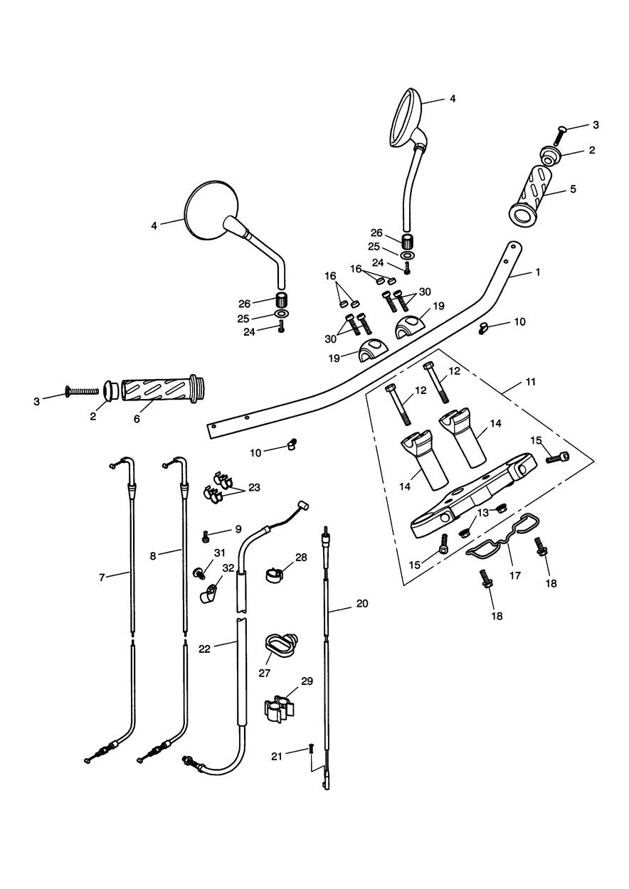 Handlebars, Top Yoke, Cables & Mirrors exploded diagram