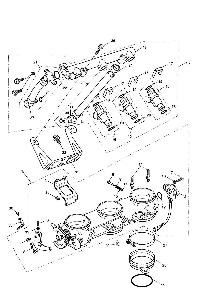 Throttles/Injectors and Fuel Rail exploded diagram