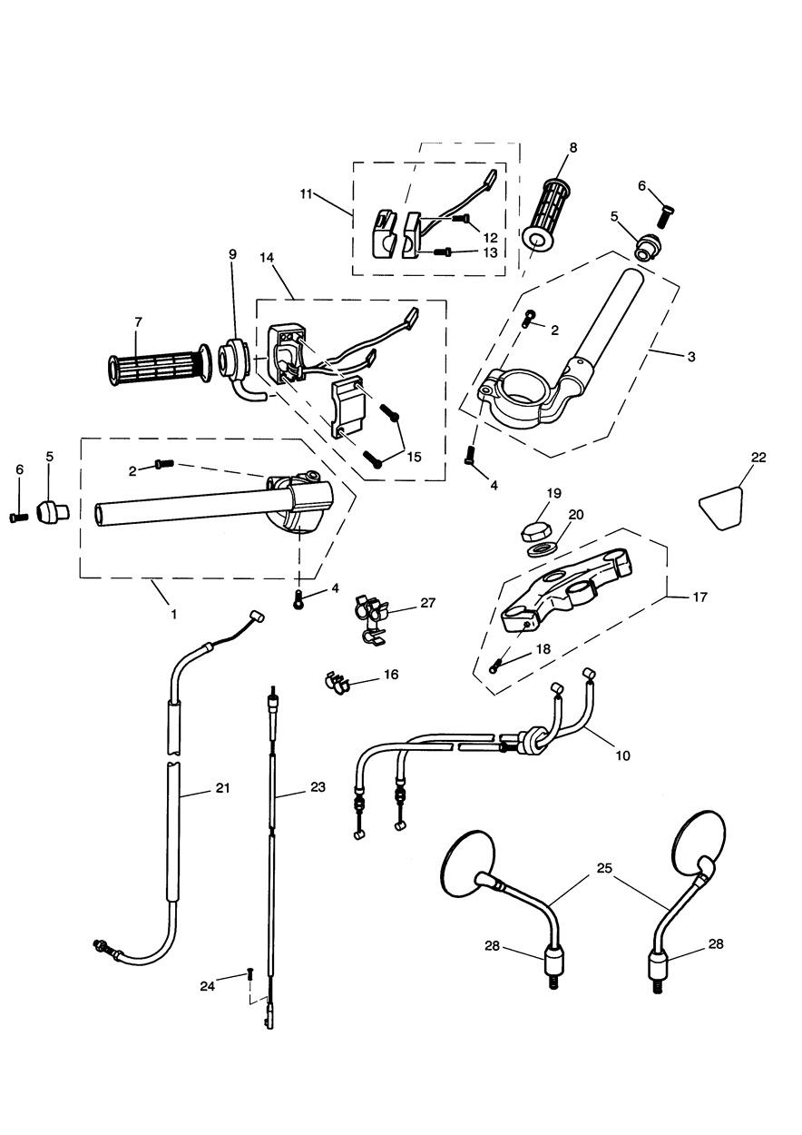 Handlebars, Top Yoke, Cables & Mirrors exploded diagram