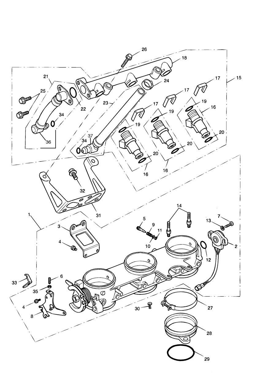 Throttles/Injectors and Fuel Rail exploded diagram