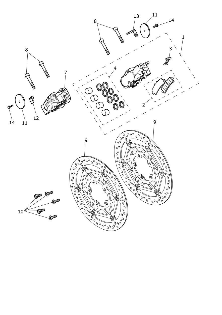 Front Brake Caliper & Discs exploded diagram