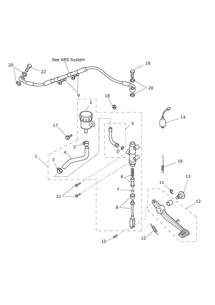 Rear Brake Master Cylinder, Reservoir & Pedal exploded diagram