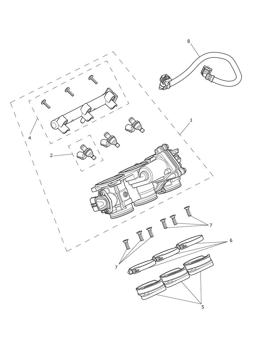Throttles, Injectors and Fuel Rail exploded diagram