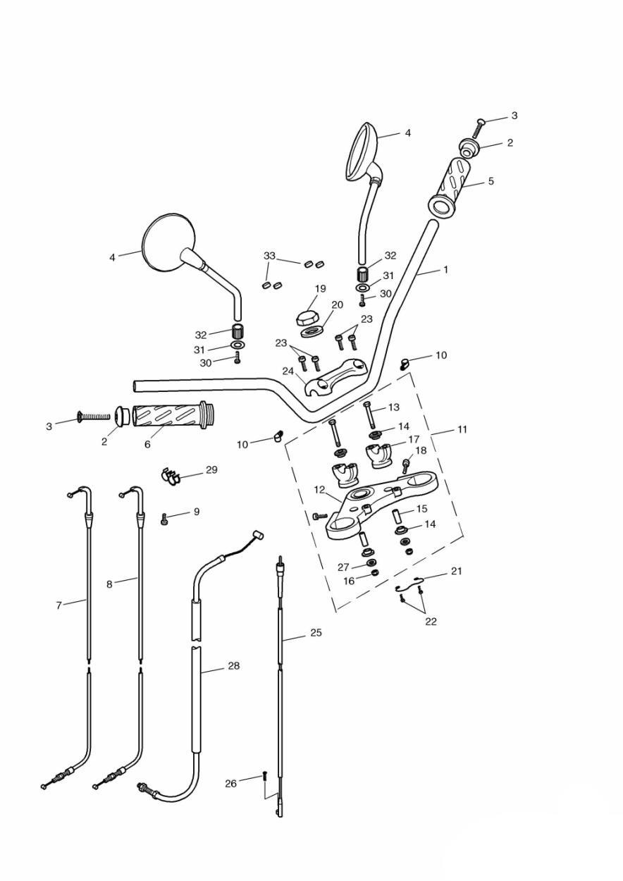 Handlebars, Top Yoke, Cables & Mirrors exploded diagram