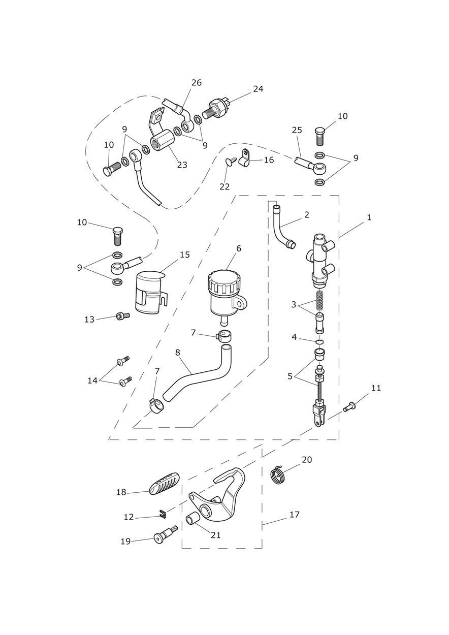 Rear Brake Master Cylinder, Reservoir & Pedal (Expt 611105) exploded diagram