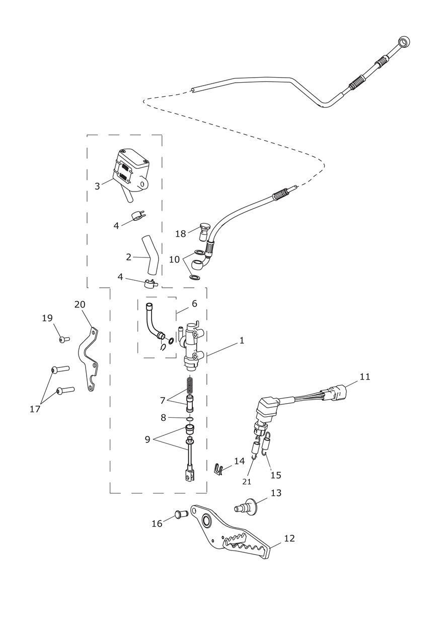 Rear Brake Master Cylinder, Reservoir & Pedal exploded diagram